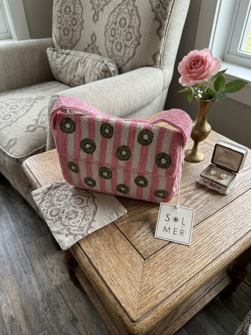 Nordstroms Beaded Pink Striped  Bag with Olive Accents